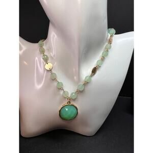 Vivi Love Green Glass Beaded Pendant Necklace Gold Tone 20in
